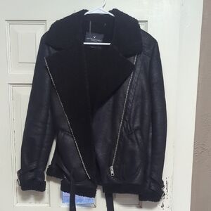 American Eagle Outfitters Black Faux Shearling Moto Jacket